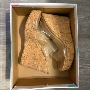 Soda Tan Cork Wedges with Transparent Straps